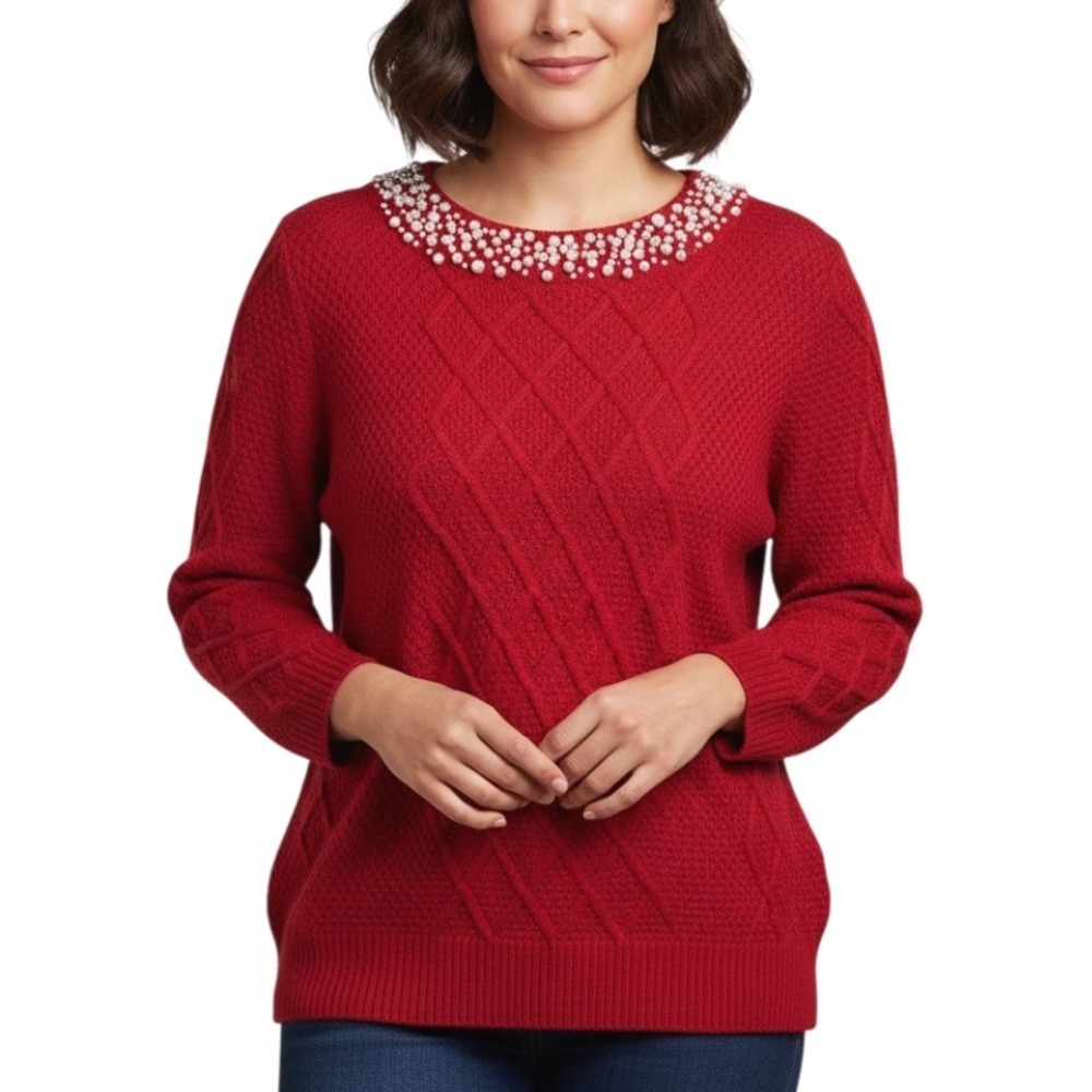 KARL LAGERFELD PARIS Red Cable Sweater SCATTERED FAUX PEARL NECKLINE Christmas M